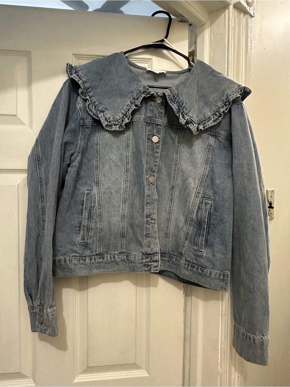 Light Blue Denim Jacket with Ruffle Collar